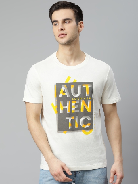 

U.S. Polo Assn. Denim Co. Men Off-White & Grey Pure Cotton Printed Round Neck T-shirt