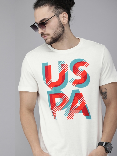 

U.S. Polo Assn. Denim Co. Men White Printed Round Neck Pure Cotton T-shirt