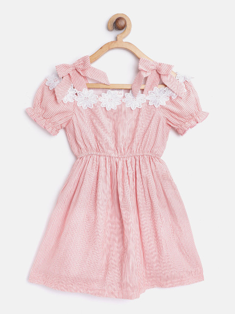 

pspeaches Girls White & Red Striped Cotton Fit and Flare Dress