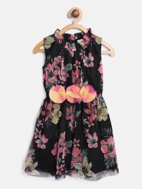 

pspeaches Girls Black & Pink Floral Print Net Fit and Flare Dress