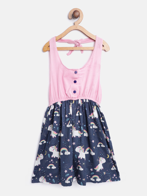 

pspeaches Girls Pink & Navy Blue Baby Unicorn Print A-Line Dress with Gathers