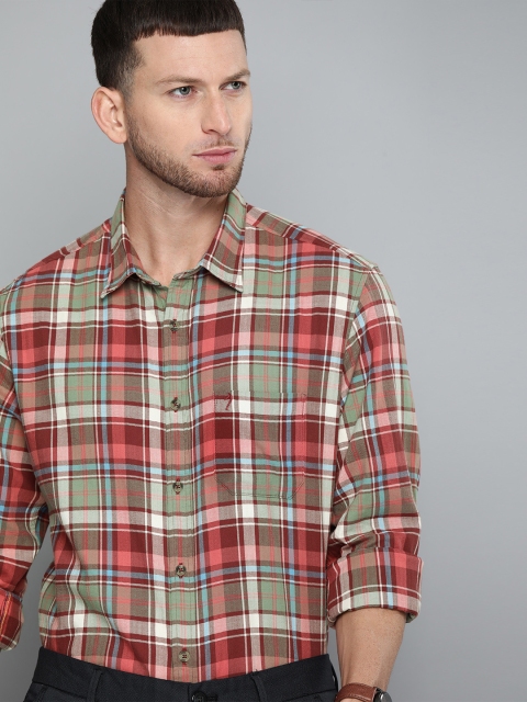 

Indian Terrain Men Olive Green & Maroon Slim Fit Checked Casual Shirt