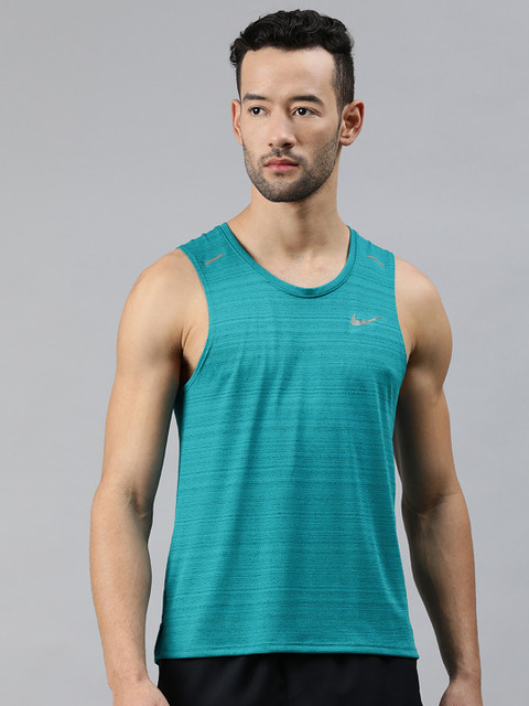

Nike Men Teal Blue Solid Round Neck Running MILER TANK T-shirt