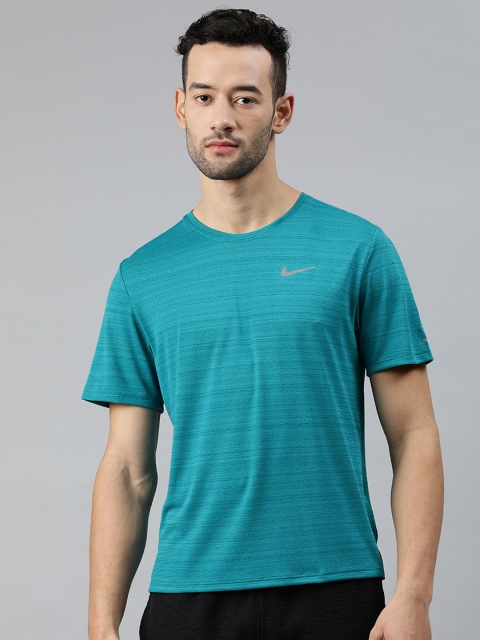 

Nike Men Turquoise Blue Striped Dri-Fit MILER Round Neck Running T-shirt