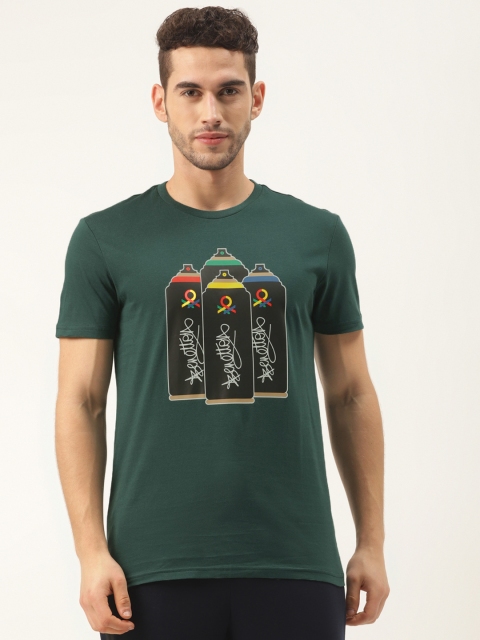 

United Colors of Benetton Men Teal Green Printed Round Neck Pure Cotton T-shirt