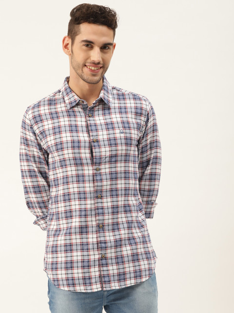 

United Colors of Benetton Men Off-White & Blue Pure Cotton Slim Fit Checked Casual Shirt