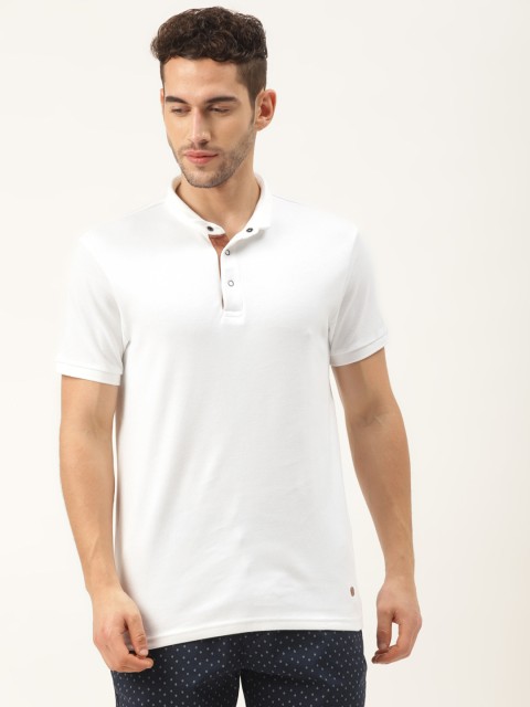 

United Colors of Benetton Men White Solid Pure Cotton Stand Collar Pure Cotton T-shirt