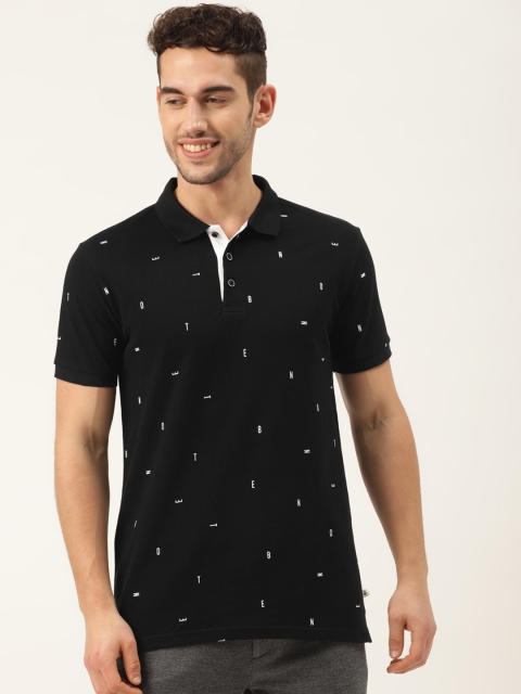 

United Colors of Benetton Men Black & White Printed Pure Cotton Polo Collar T-shirt