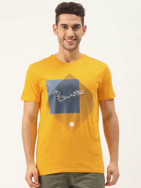 

United Colors of Benetton Men Yellow Printed Round Neck Pure Cotton T-shirt
