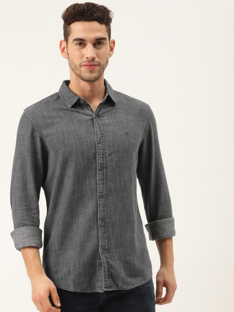 

United Colors of Benetton Men Charcoal Grey Pure Cotton Slim Fit Solid Denim Shirt