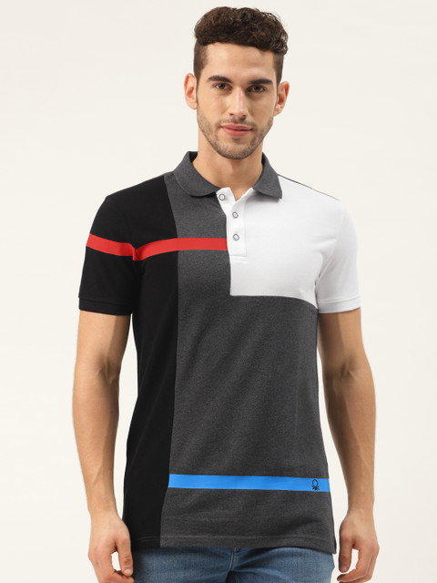 

United Colors of Benetton Men Charcoal Grey & White Colourblocked Pure Cotton T-shirt