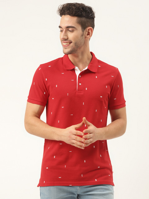

United Colors of Benetton Men Red White Pure Cotton Typography Print Polo Collar Pure Cotton T-shirt