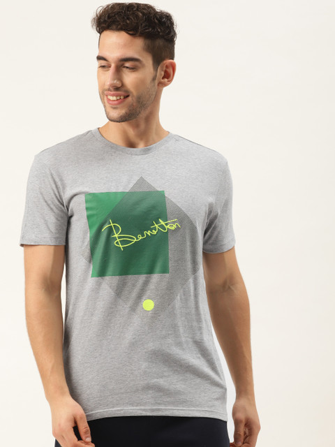 

United Colors of Benetton Men Grey Melange Printed Pure Cotton Round Neck T-shirt