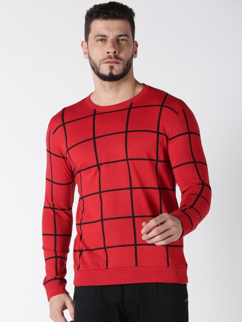 

UrGear Men Red Checked Round Neck Pure Cotton T-shirt
