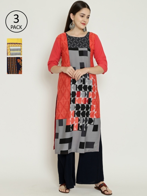 

7Threads Women Pack Of 3 Printed Straight Kurtas, Navy blue