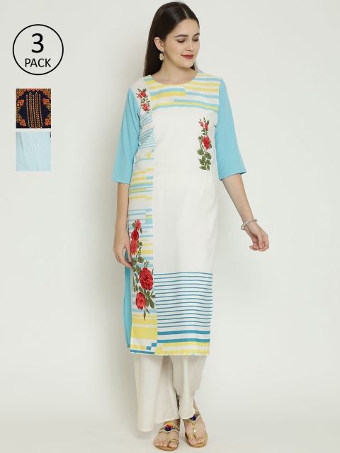 

7Threads Women Pack Of 3 Printed Straight Kurtas, White