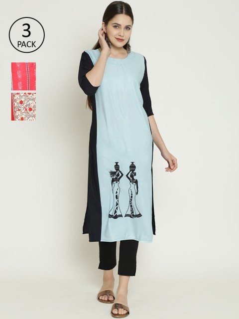 

7Threads Women Pack Of 3 Multicoloured Colourblocked Crepe Kurtas, Multi