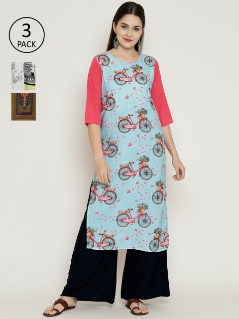 

7Threads Women Pack Of 3 Printed Straight Kurta, Blue