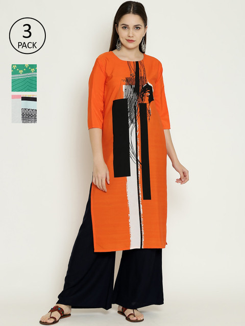 

7Threads Women Pack Of 3 Multicoloured Colourblocked Crepe Kurtas, Multi