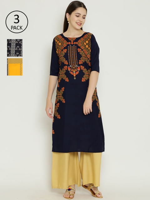

7Threads Pack Of 3 Ethnic Motifs Printed Crepe Kurta, Multi