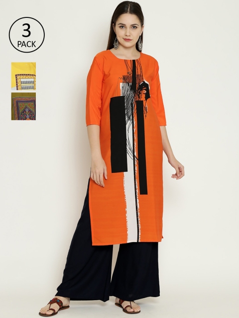 

7Threads Pack Of 3 Ethnic Motifs Printed Thread Work Crepe Kurta, Multi