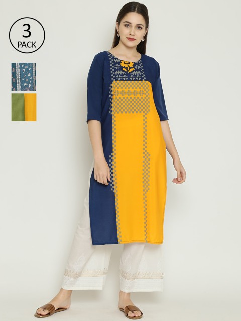 

7Threads Women Pack Of 3 Printed Straight Kurta, Yellow