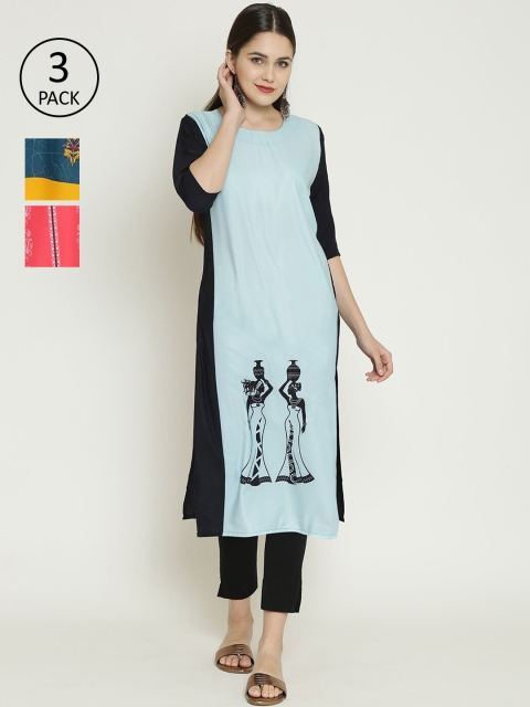 

7Threads Women Multicoloured Pack of 3 Printed Straight Kurta, Multi