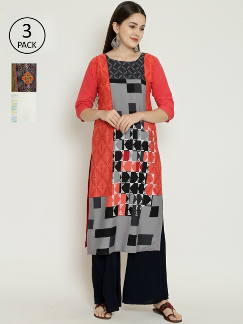 

7Threads Women Multicoloured Printed Straight Kurta Pack of 3, Multi