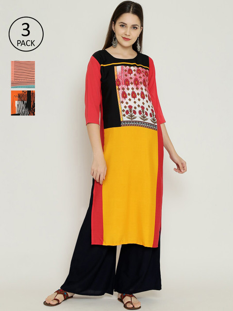 

7Threads Women Multicoloured Printed Straight Kurta Pack of 3, Multi