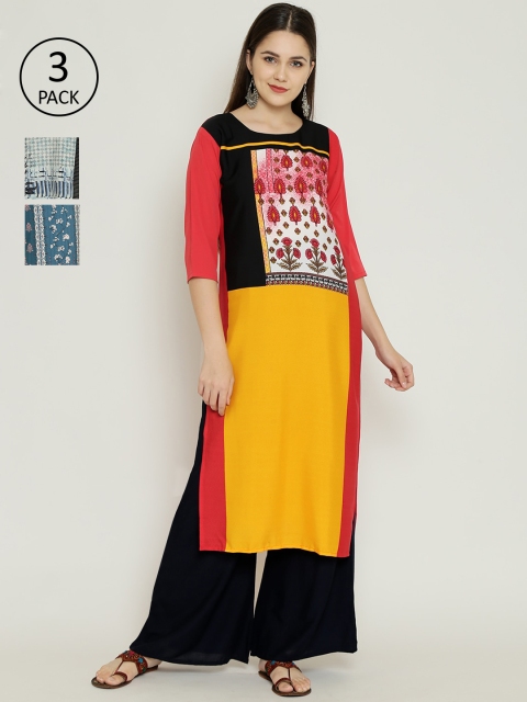

7Threads Women Multicoloured Colourblocked Straight Kurta Pack of 3, Multi