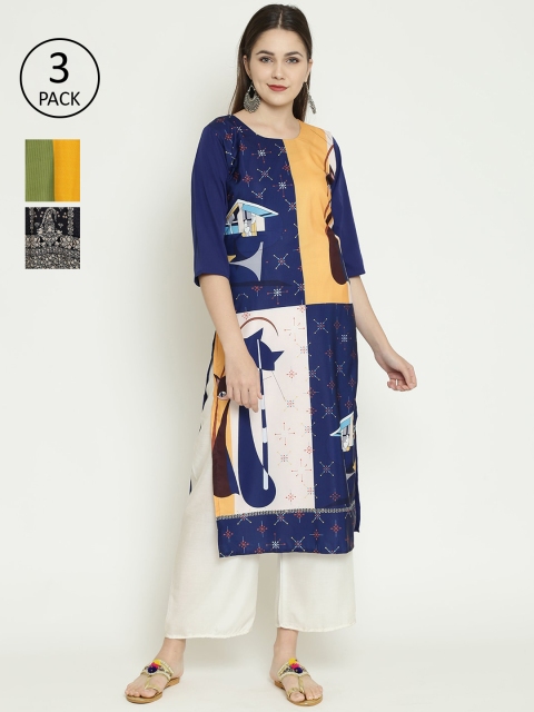 

7Threads Women Multicoloured Printed Straight Kurta Pack of 3, Multi
