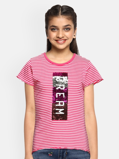

Cherokee Girls Pink & White Striped Flip Sequinned Pure Cotton Top