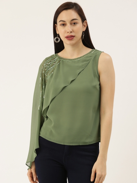 

Sheczzar Olive Green Layered Regular Top with Sequinned Detailing
