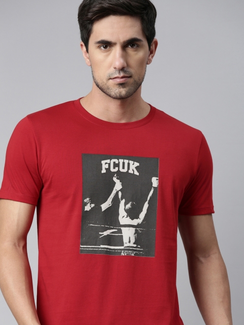 

French Connection Men Red Printed Slim Fit Pure Cotton T-shirt