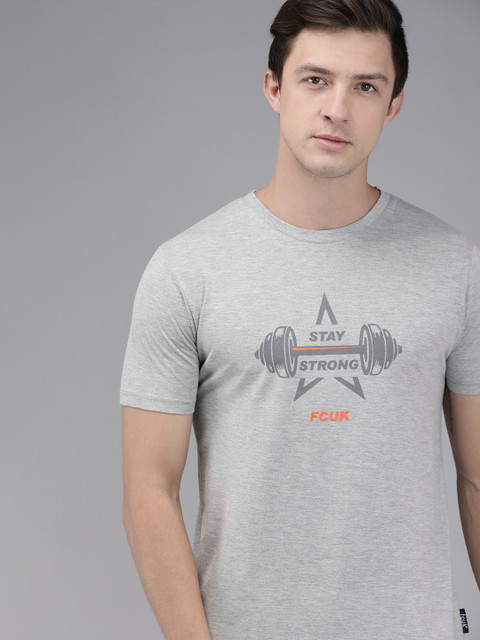 

French Connection Men Grey Melange Printed Round Neck T-shirt