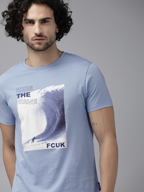 

French Connection Men Blue Printed Round Neck Pure Cotton T-shirt