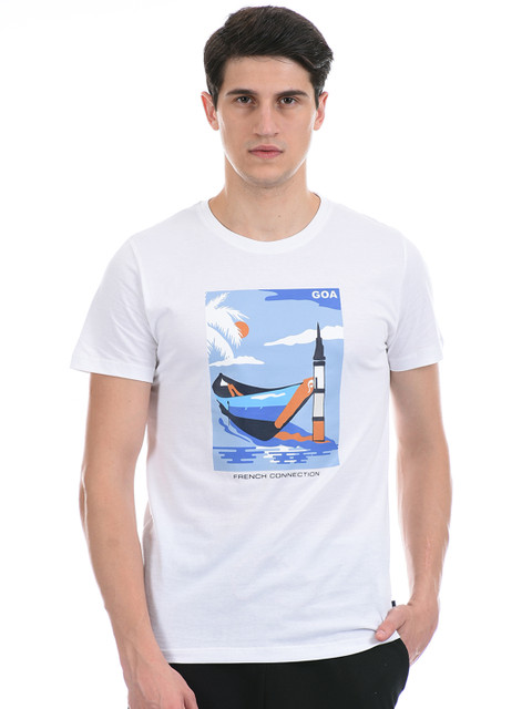 

French Connection Men White & Blue Printed Slim Fit T-shirt