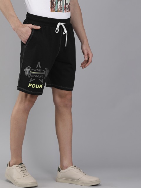 

French Connection Men Black Solid Regular Fit Regular Shorts with Printed Detailing