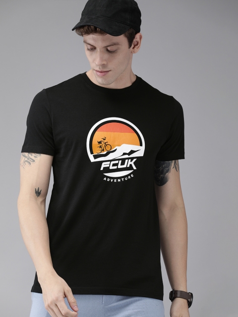 

French Connection Men Black Printed Round Neck Pure Cotton T-shirt