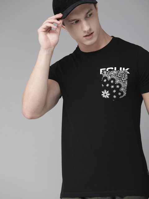 

French Connection Men Black Solid Round Neck Pure Cotton T-shirt with Printed Detailing