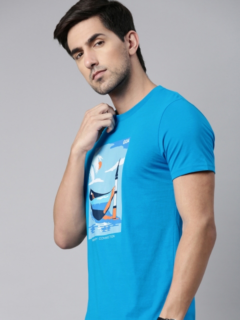 

French Connection Men Blue Printed Slim Fit T-shirt