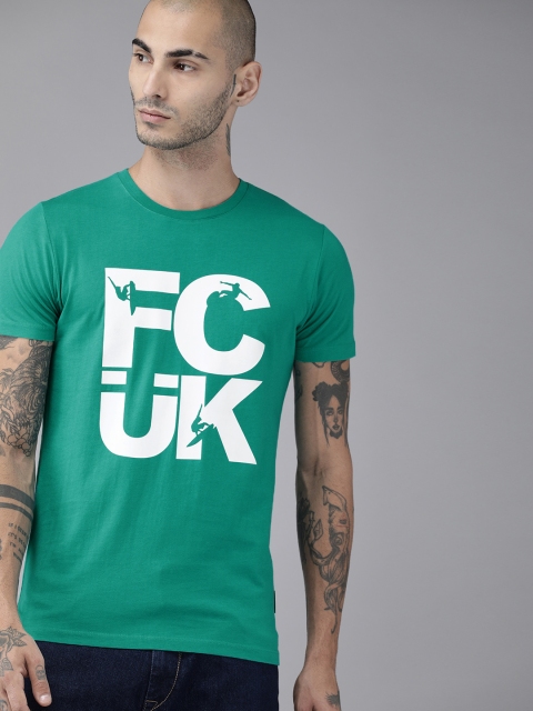 

French Connection Men Green Printed Round Neck Pure Cotton T-shirt