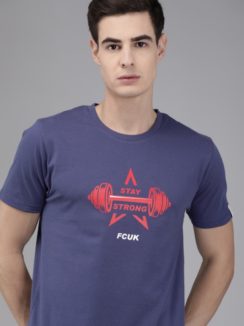 

French Connection Men Navy Blue Printed Round Neck Pure Cotton T-shirt