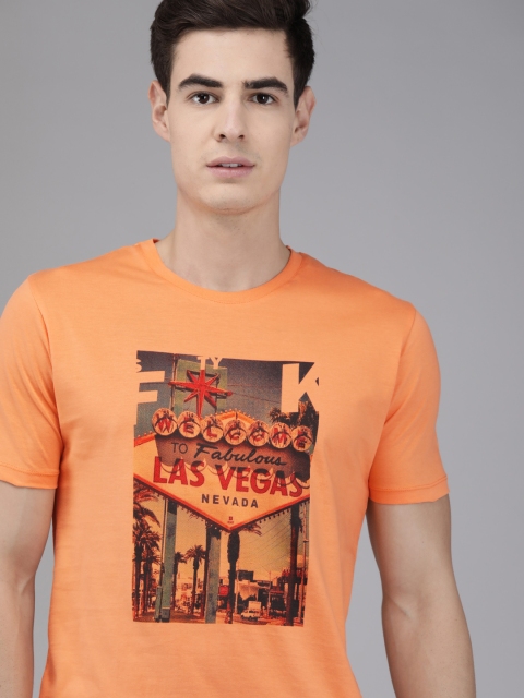 

French Connection Men Orange Graphic Printed Round Neck Pure Cotton T-shirt
