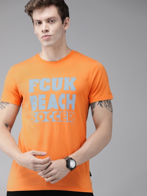 

French Connection Men Orange Printed Round Neck Pure Cotton T-shirt