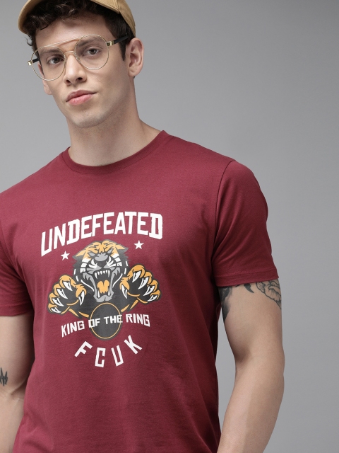 

French Connection Men Maroon Printed Round Neck T-shirt