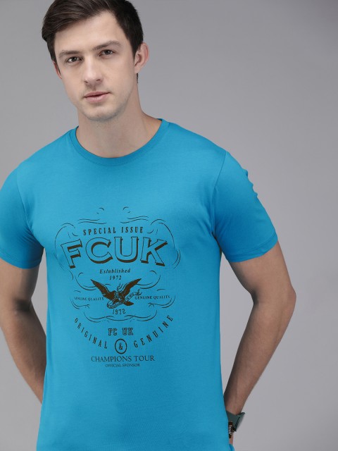

French Connection Men Blue Printed Round Neck Pure Cotton T-shirt