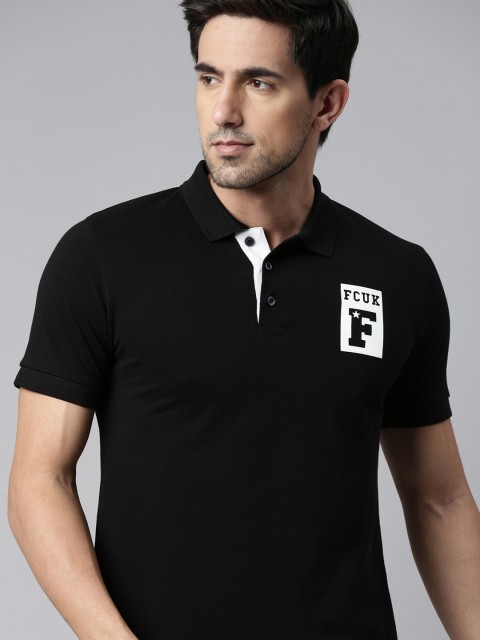 

French Connection Men Black Typography Printed Polo Collar T-shirt
