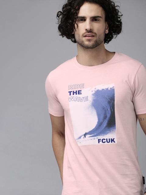 

French Connection Men Pink Printed Round Neck Pure Cotton T-shirt