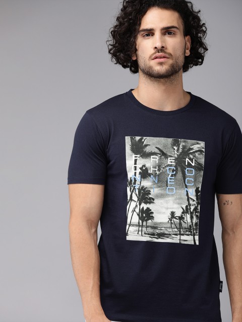 

French Connection Men Navy Blue Printed Round Neck Pure Cotton T-shirt
